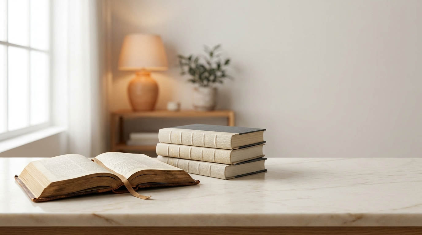 Mesa com Bíblia e livros